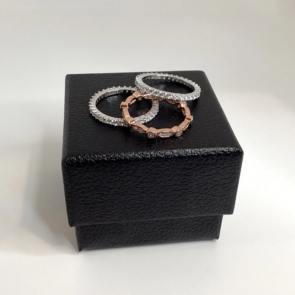 Sizes 4-10, 3 Pc Two Tone .925 Cz Eternity Band Ring Set - Picture 12 of 16